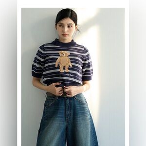 Lily brown Striped Navy Tee with Teddy Bear Motif